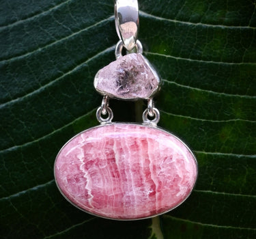 Rhodochrosite and Rough Rose Quartz Pendant - One of a Kind