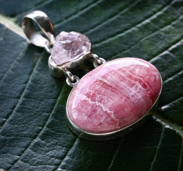 Rhodochrosite and Rough Rose Quartz Pendant - One of a Kind