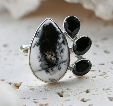 Dendritic Agate and Black Tourmaline Ring - One of a Kind